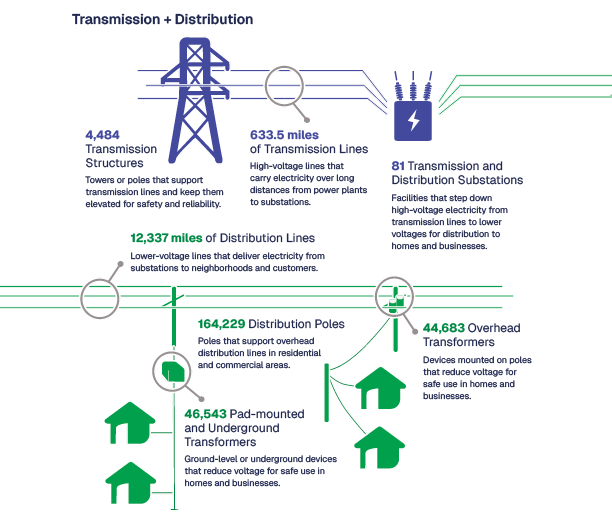 Transmission and Distribution Structure; 633.5 Miles of Transmission Lines; 12,337 Miles of Distribution Lines; 44,683 Overhead Transformers; 4,484 Transmission Structures; 81 Transmissions and Distribution Substations; 164,229 Distribution Poles; 46,543 Pad-mounted and Underground Transformers