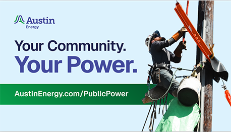 Your Community. Your Power. Photo of a lineman on a telephone pole.