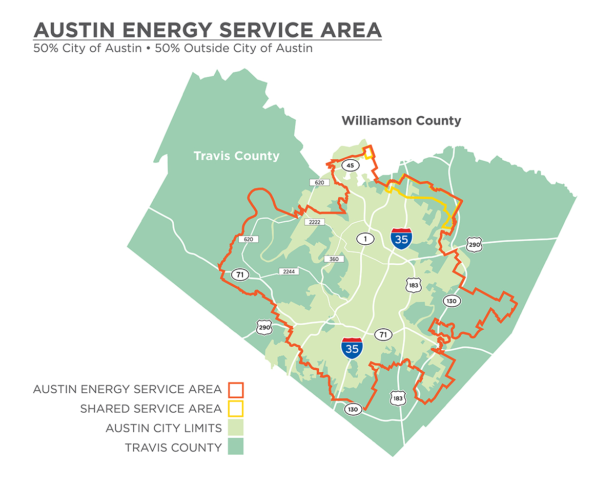 Austin Energy Service Area: 50% inside Austin, 50% outside Austin