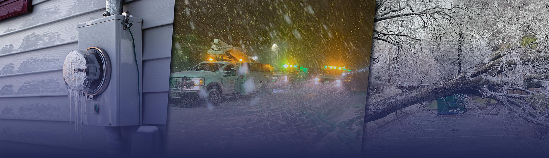 Frosted electrical box, snowy electric line work, and fallen frozen trees
