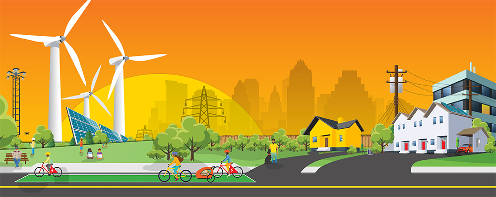 Illustration of windmills, solar panels, and power lines powering Austin
