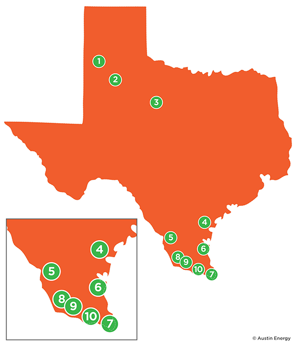Map of 10 Texas wind farms used by Austin Energy 2022