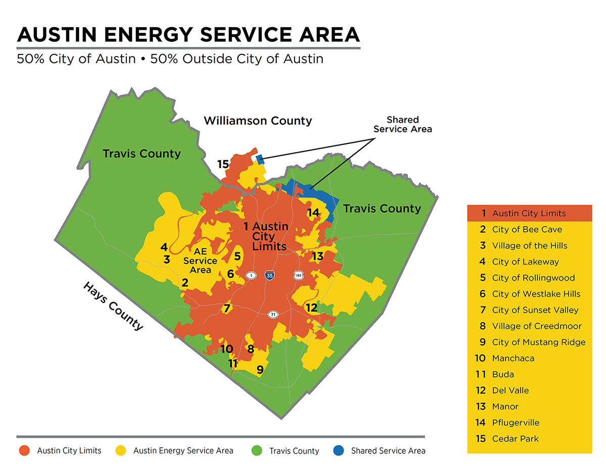 image of map showing that the Austin Energy service area covers Travis County and part of Williamson County. It includes the City of Austin and 15 areas outside the City limits.