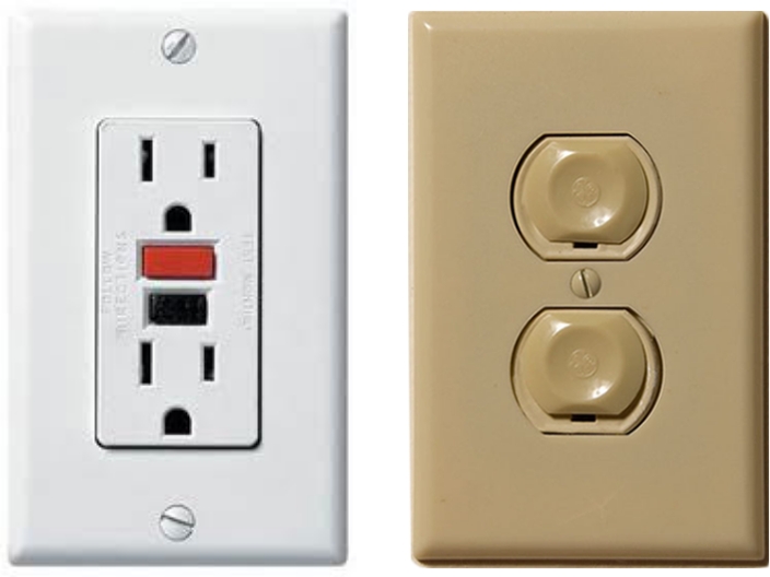 A GFCI outlet (left) will be tripped to prevent shock if a short-circuit is detected. The buttons allow you to test and reset the outlet. The child-proof electrical outlet (right) uses outlet safety caps.