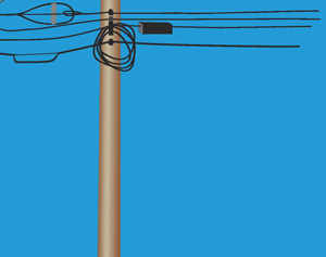 The bottom half of a utility pole contains communication lines.