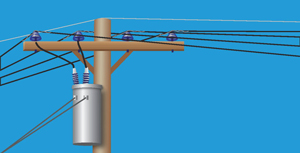 The top half of an electric pole holds powerlines and related equipment.